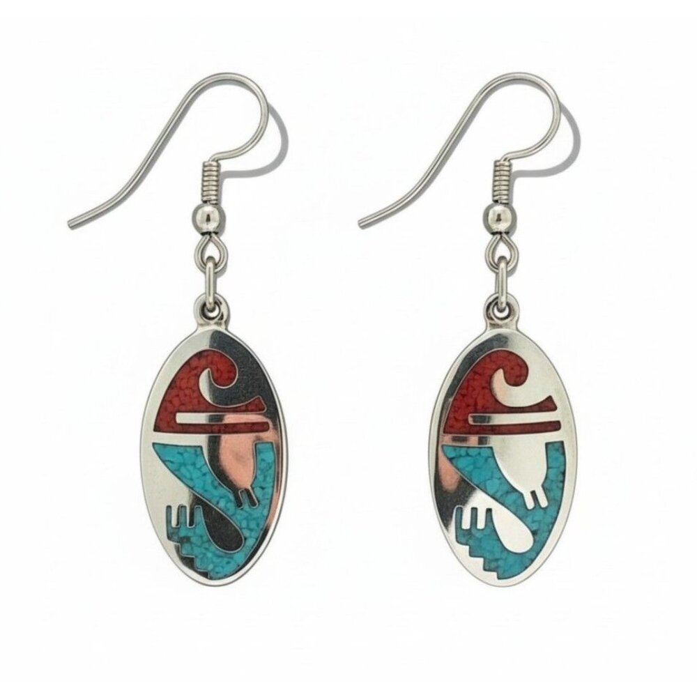 Silver-Plated Oval Dangle Earrings With Turquoise & Red Inlay Southwest Design